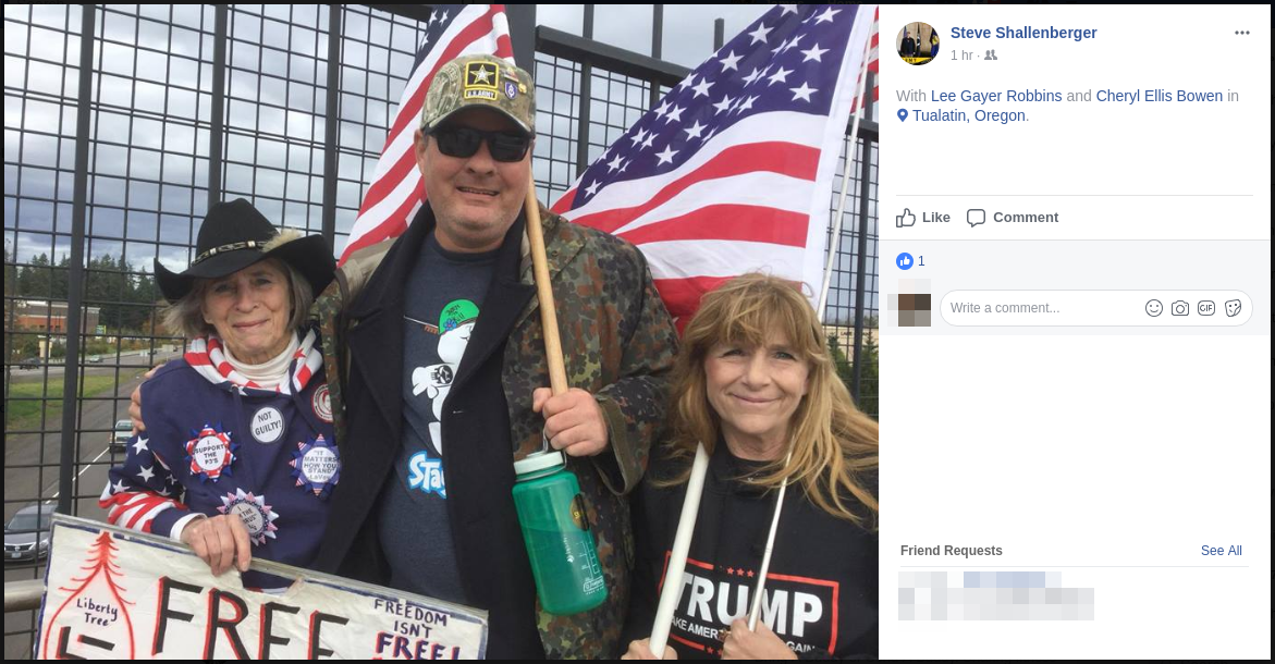 Cheryl Bowen and Lee Gayer Robbins pose for a veterans day selfie with American Front-affiliated fascist Steve Shallenberger
