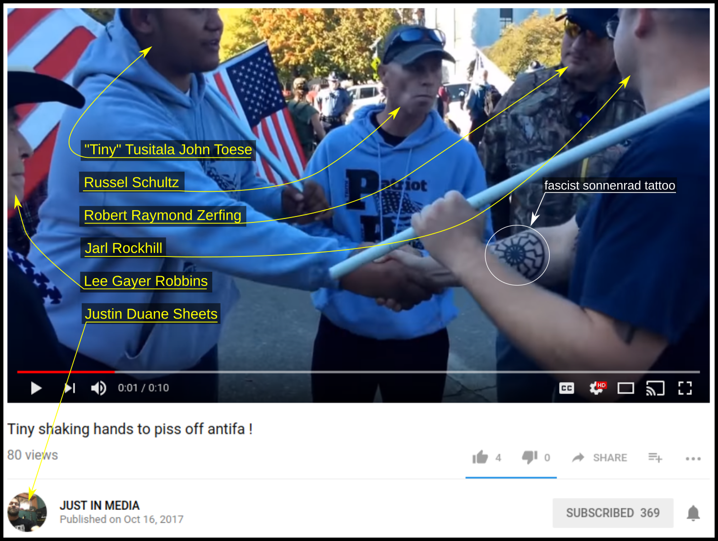 Justin Sheets films Tiny Toese shaking hands with neo-nazi Jarl Rockhill.