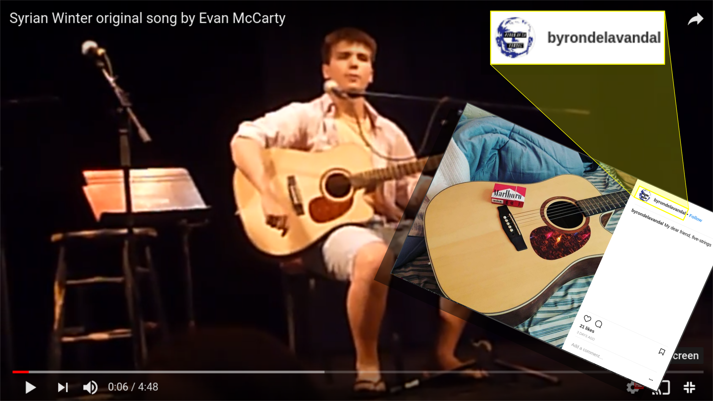 Evan McCarty performing with the same guitar as Byron De La Vandal