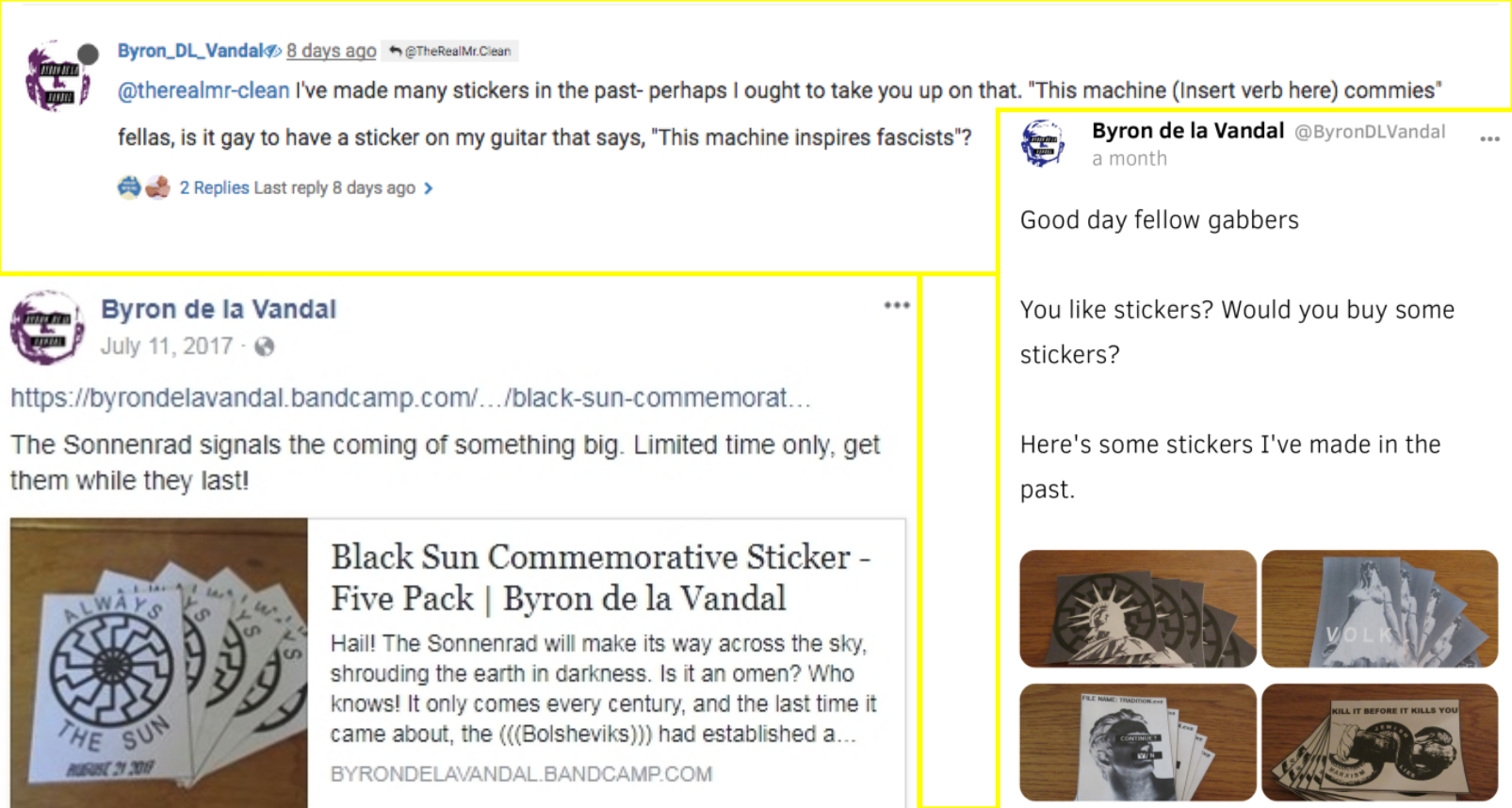 Byron de la Vandal offers to sell stickers over the internet