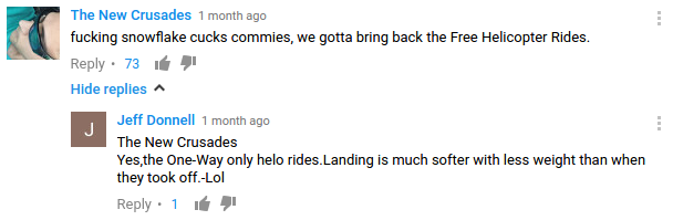 youtube commenters joking about murdering their political enemies by dropping them from helicopters