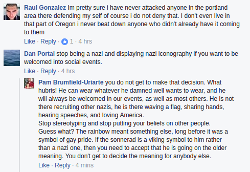 Pam Brumfield-Uriarte performs elaborate contortions of logic to pretend that someone who openly displays nazi iconography is not a threat to minorities