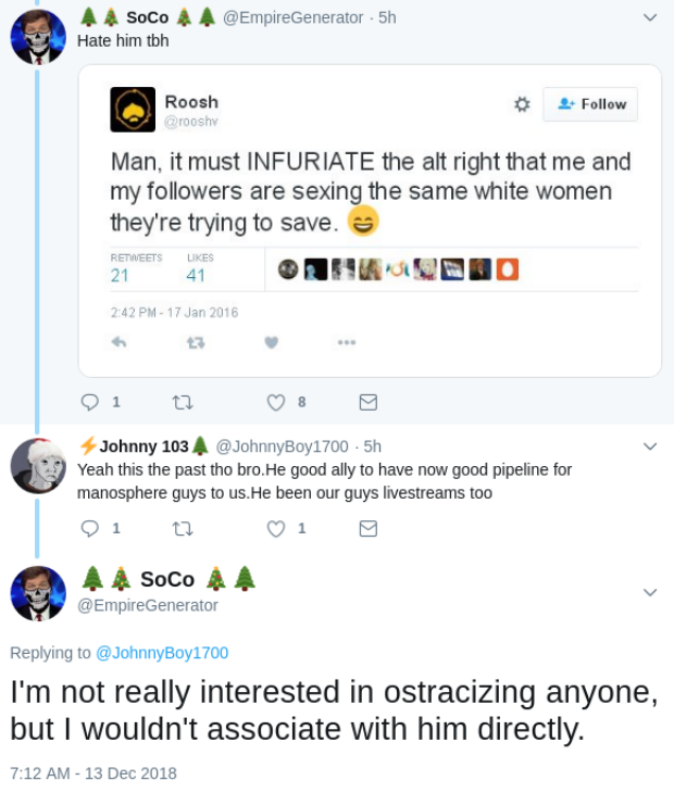 Blais and a Twitter follower discuss MRA as entry point into neo-Nazi beliefs
