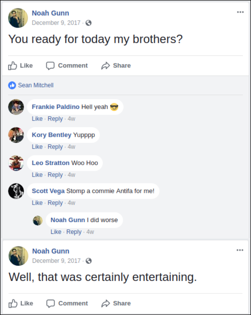 Noah Gunn boasts on facebook about doing violence