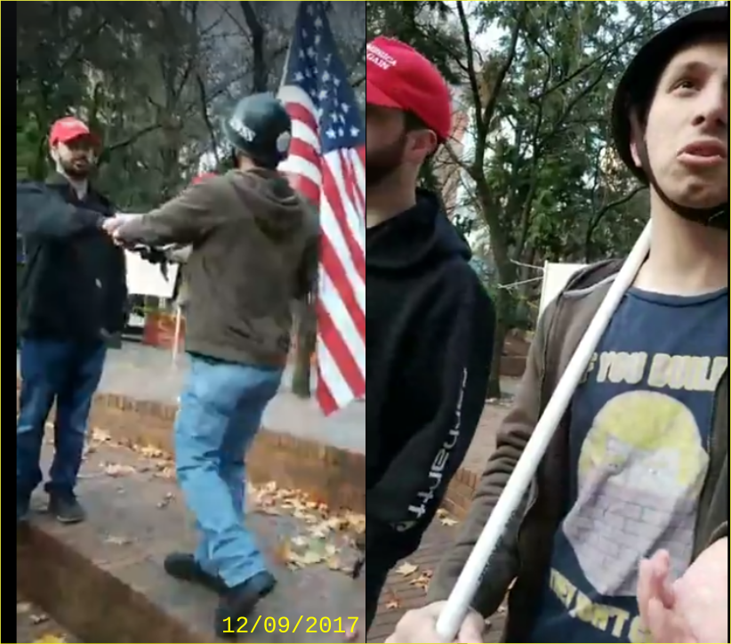 Dominick Owen greets Vancouver Nazi Alex Becker at a Patriot Prayer anti-immigrant hate rally
