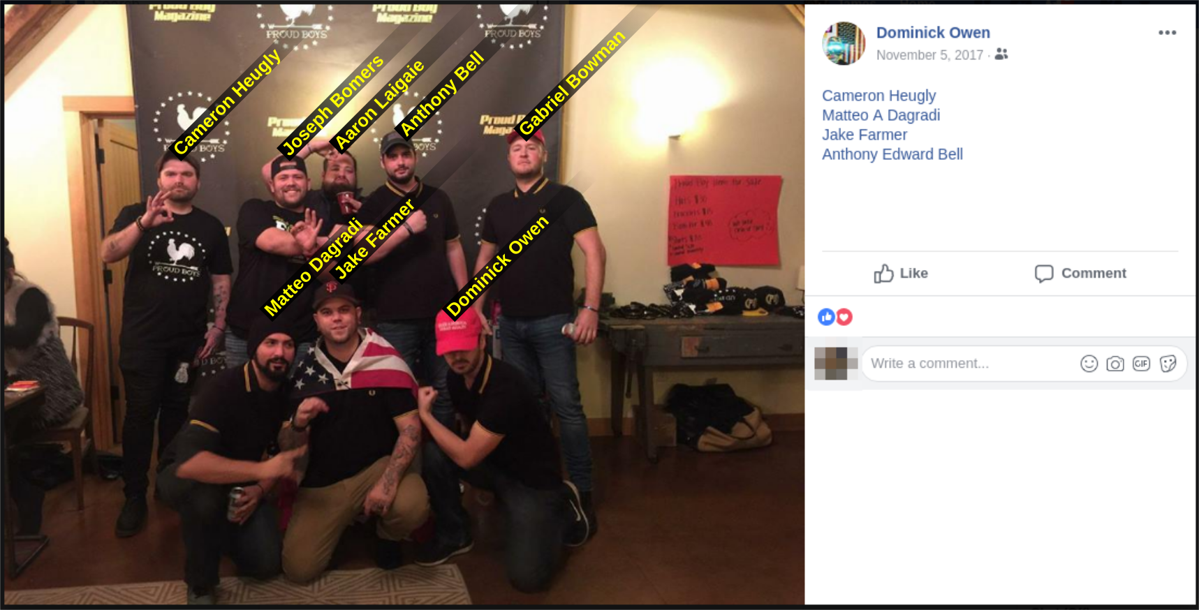 Dominick Owen poses with fellow members of the Proud Boys hate group