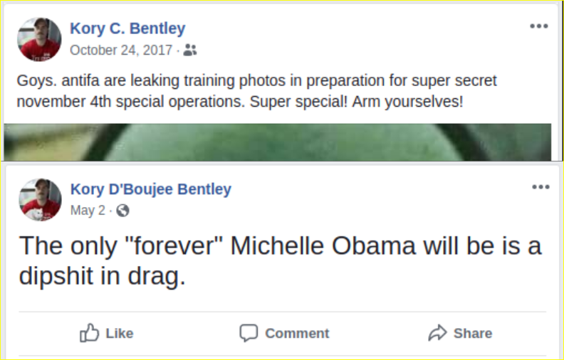 Kory Bentley posts racist materials on facebook