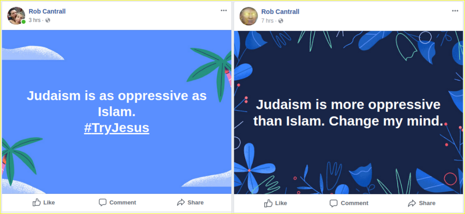 Rob Cantrall displays Islamophobia and antisemitism