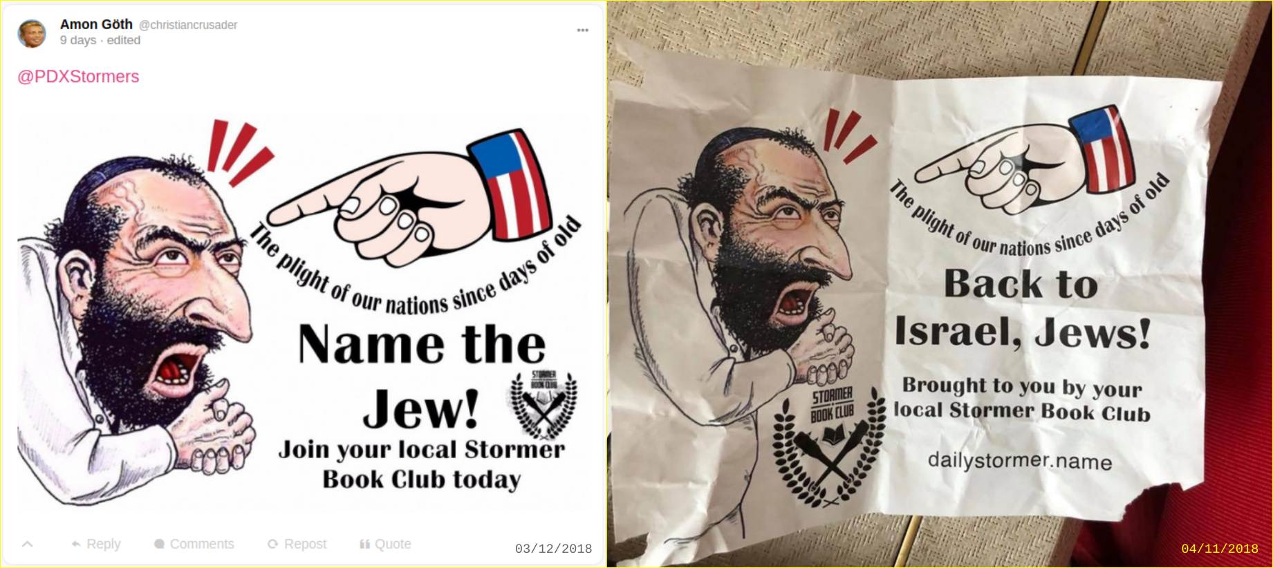 Anti-Semitic flyers posted by PDX Stormers at Chabad center PDX
