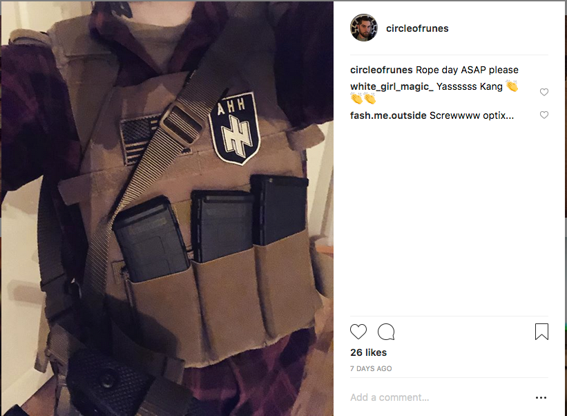 Schomaker poses with guns and caption Day of the rope ASAP please