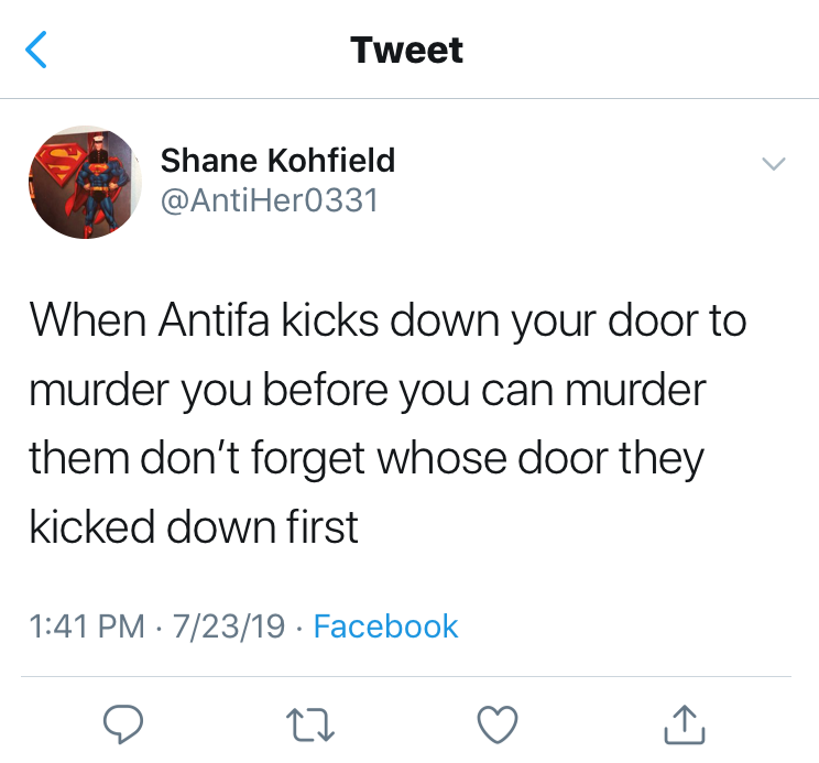 Shane Kohfield wants to kill antifa