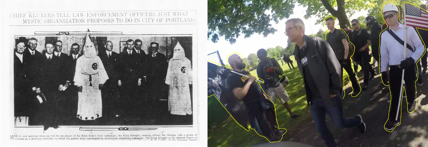 The mayor and police pose with white supremacists in two different eras