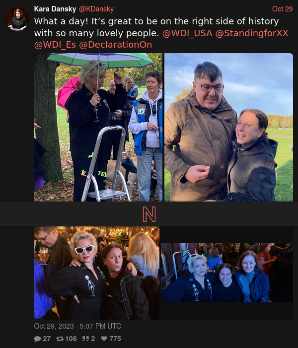 A tweet from Kara Dansky. Text: What a day! It's great to be on the right side of history with so many lovely people. @WDI_USA @StandingforXX @WDI_Es @DeclarationOn. End text. Four images follow of Kara Dansky with Kellie-Jay Keen-Minshull and Graham Linehan.
