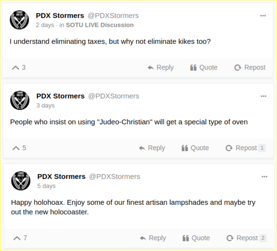 The PDX Stormers share Nazi rhetoric on Gab.