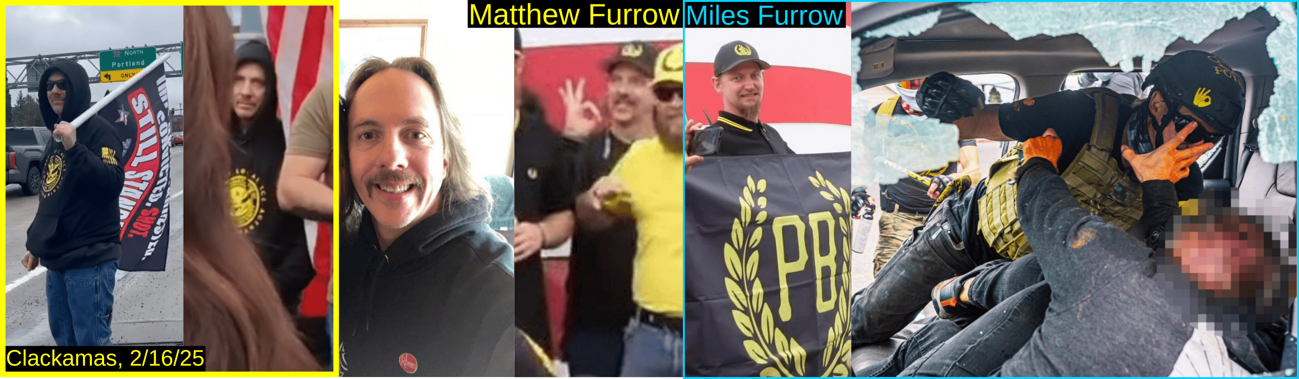 Four photos of Matthew Furrow. Furrow in Proud Boy colors and holding a flag which reads: Impeached, Arrested, Convicted, Shot. Still Standing. Trump 2024. A photo of Furrow making a white supremacist hand sign Two additional photos are of Miles Furrow. Miles in a Proud Boy hat and polo shirt behind a Proud Boy banner. Miles punching a person inside  their car.