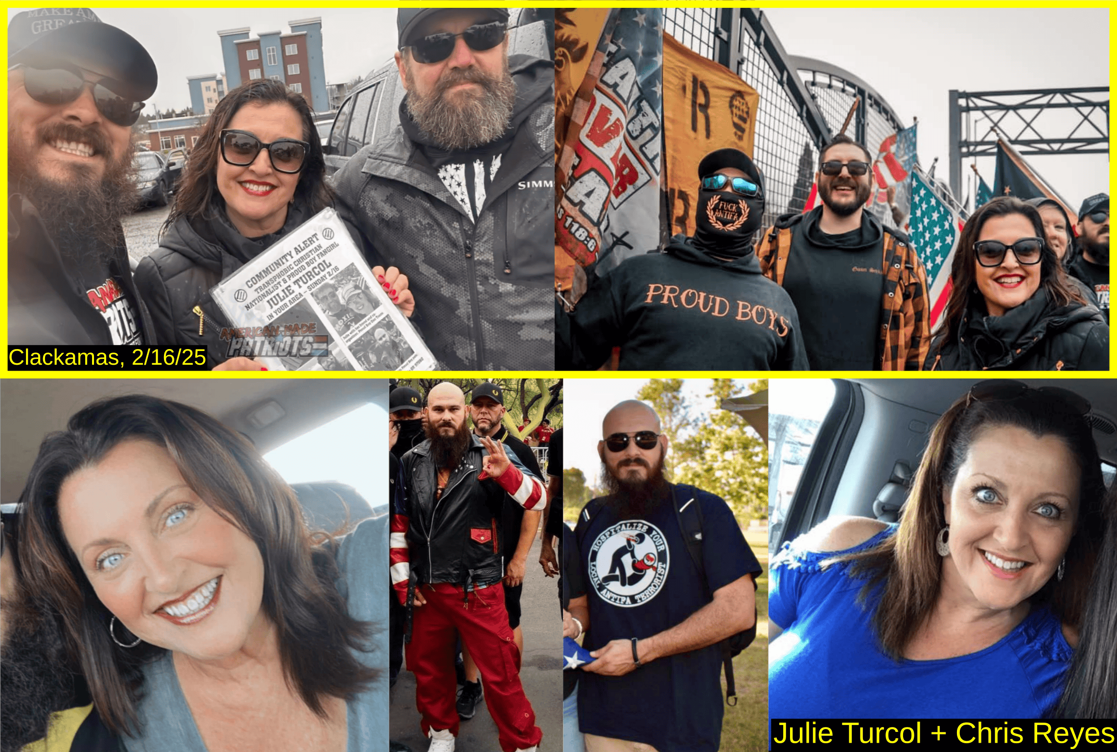 image collage of Julie Turcol and boyfriend Chris Reyes. Turcol stands next to boyfriend Reyes and Proud Boy Dan Tooze holding an antifascist Community Alert flyer featuring her information. Turcol stands next to Proud Boy Nate Cisneros and another masked Proud Boy in front of a banner. Two photos of Turcol smiling from her social media page. A photo of Reyes giving a white supremacist hand sign, and another of him wearing a shirt that reads: hospitalize your local antifa terrorist.