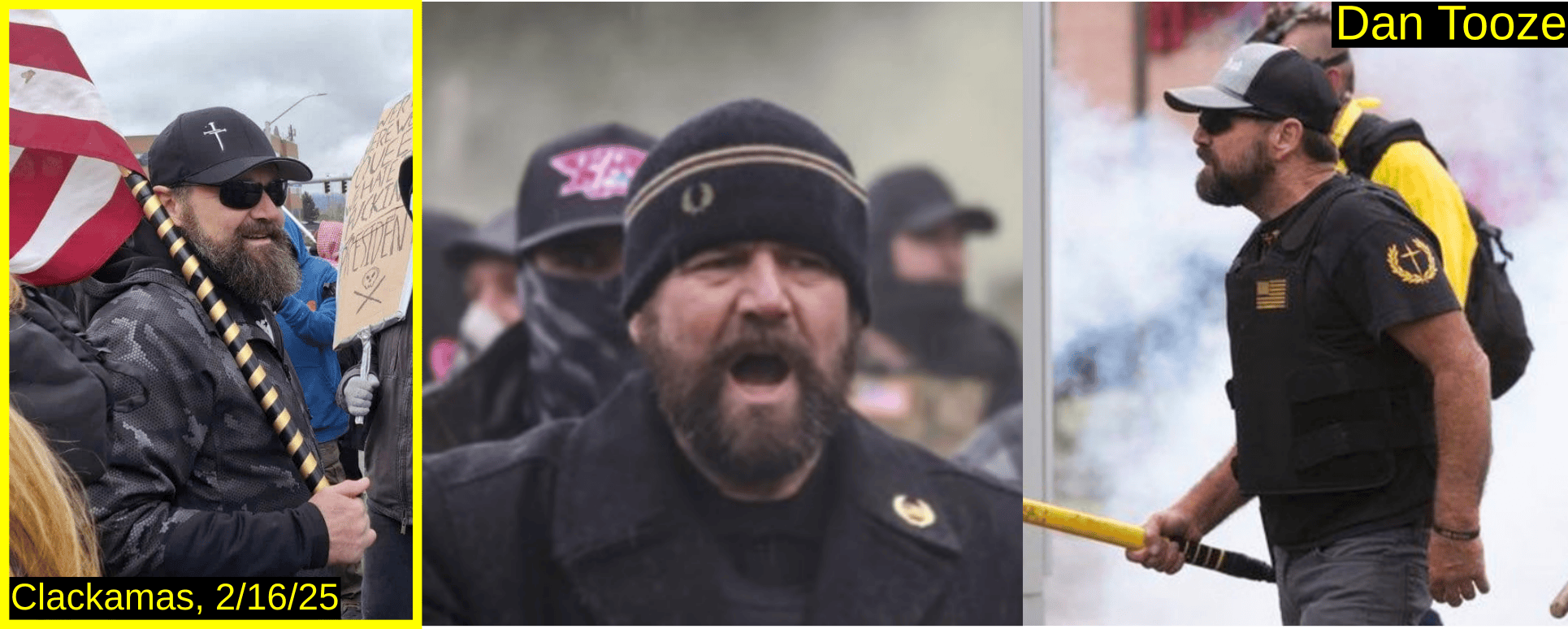 Three photos of Dan Tooze. Tooze carrying an American flag at this event. Tooze yelling. Dan Tooze in a Proud Boy shirt and tactical vest with a yellow American flag patch