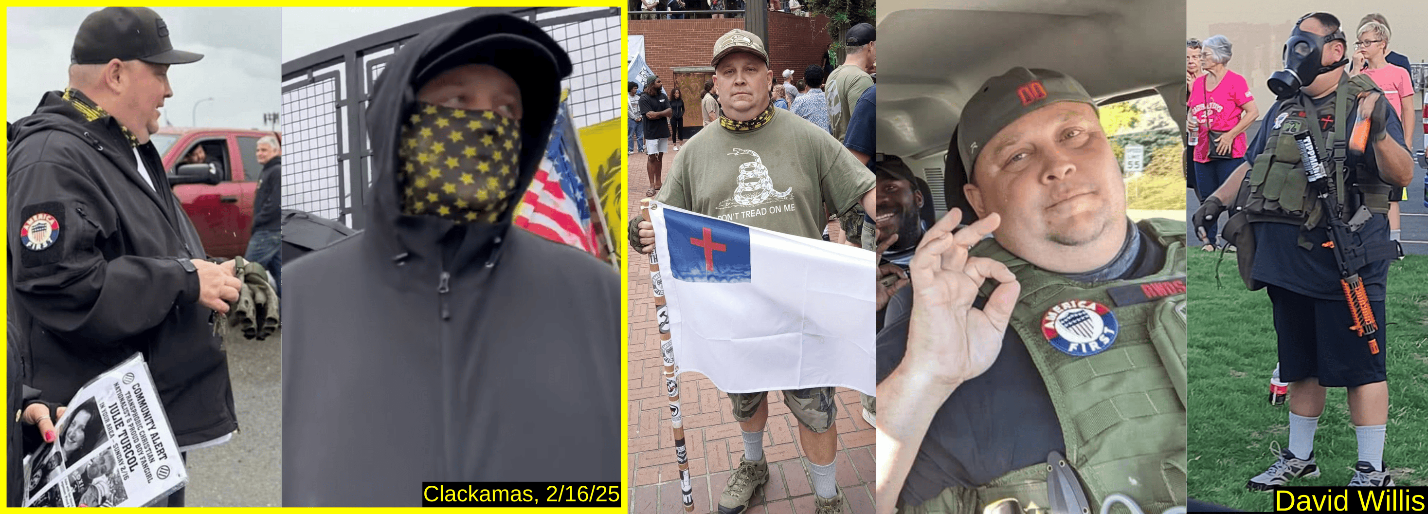 Five photos of David Willis. Two photos from the event show Willis with an America First patch on his coat and wearing a yellow and black star gaiter over his face. Willis with a Gadsden rattlesnake tshirt and a Christian flag. A photo of Willis making a white supremacist hand sign with an America First patch on a tactical vest. Willis in a full face gas mask and tactical vest, with an orange can of bear spray and a paintball gun hanging from a shoulder strap.