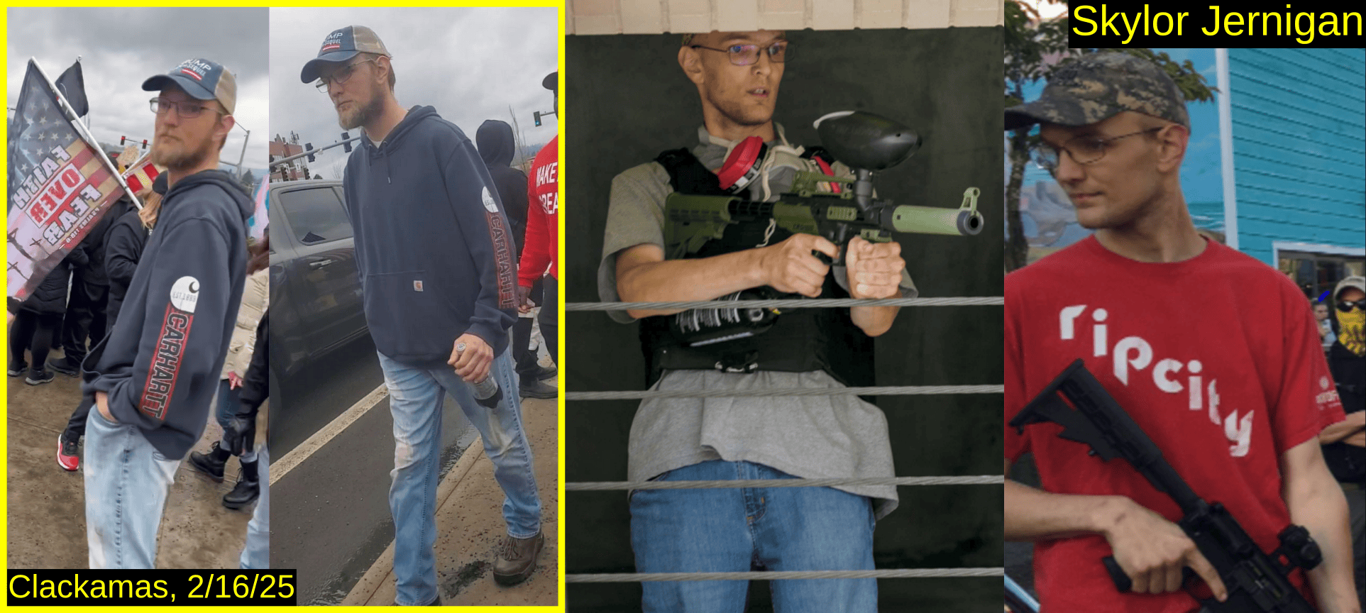 Four photos of Skylor Jernigan. Jernigan in a Trump 2024 the Sequel baseball cap. Jernigan wielding paintball rifles.