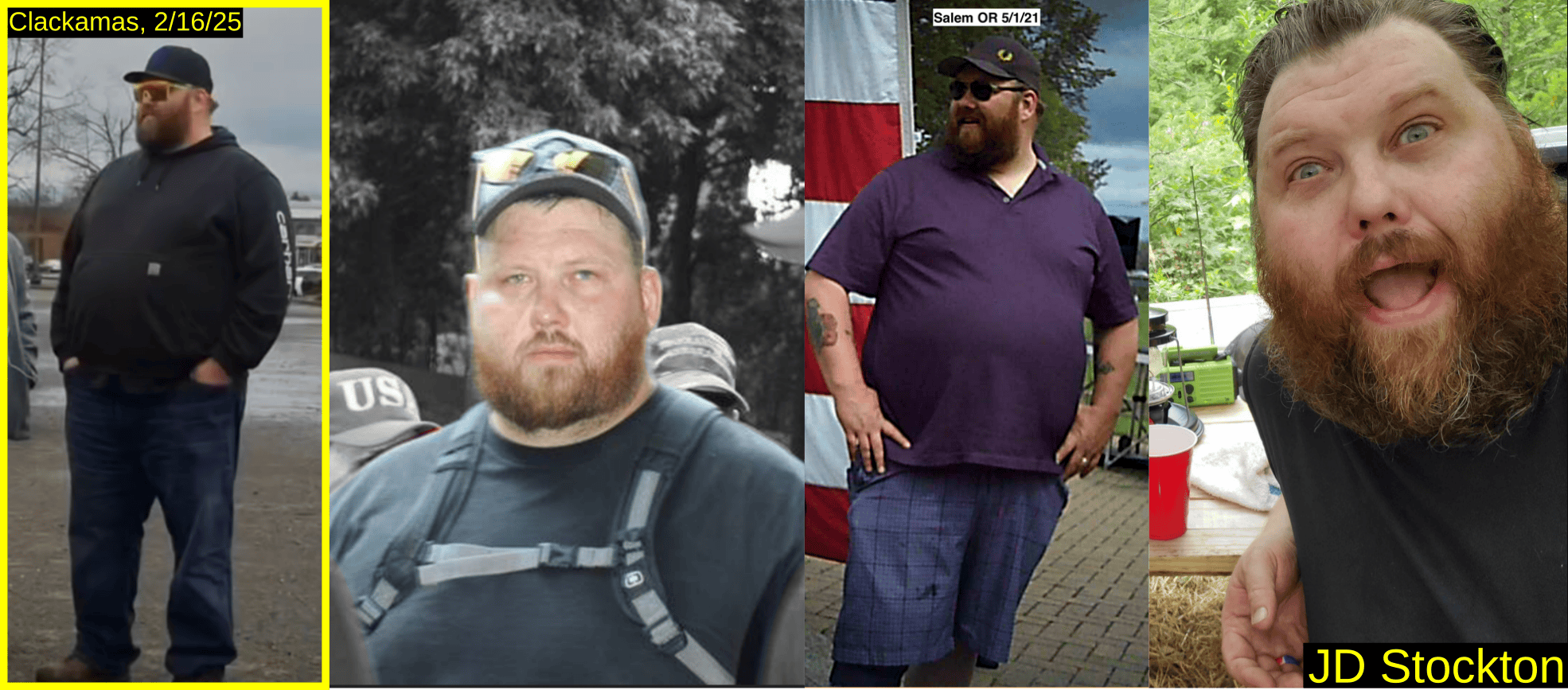 Four photos of JD Stockton standing around. Stockton wearing a Proud Boy hat in 2021. 