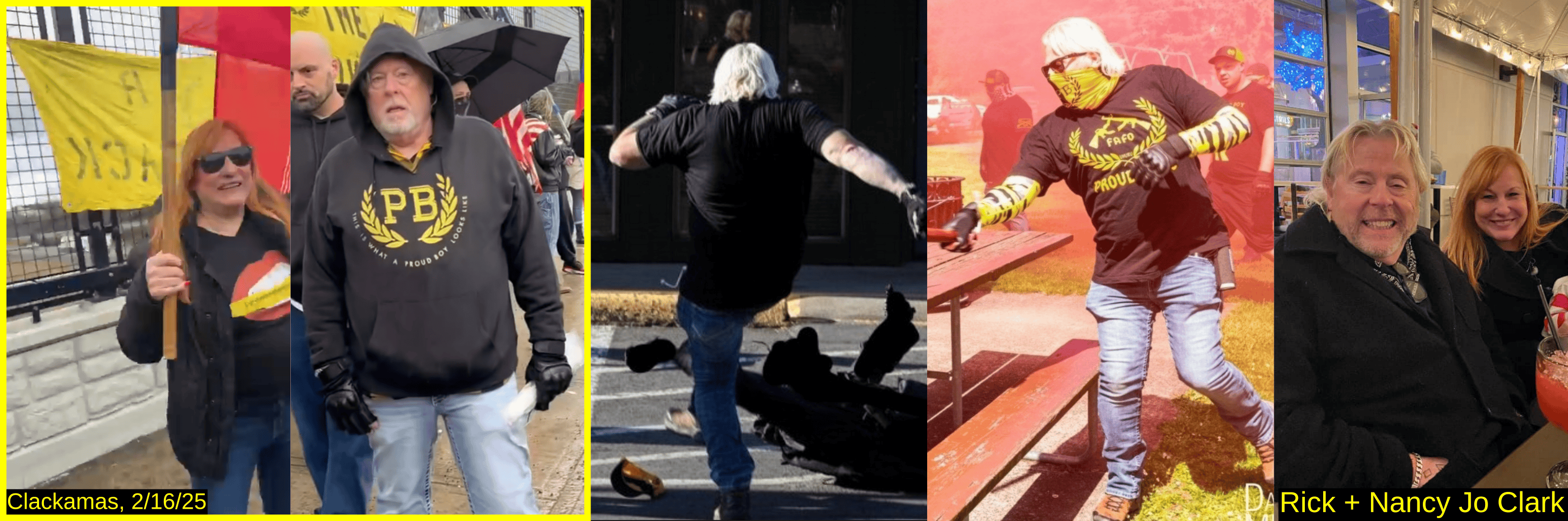 Five photos of Rick and Nancy Jo Clark. In photos from the event, Nancy Jo stands in front of a Proud Boy banner. Rick Clark wears a Proud Boy hoodie. A photo of Rick Clark attacking an antifascist counterprotester. A photo of Rick Clark in a Proud Boys tshirt and Proud Boys face gaiter.