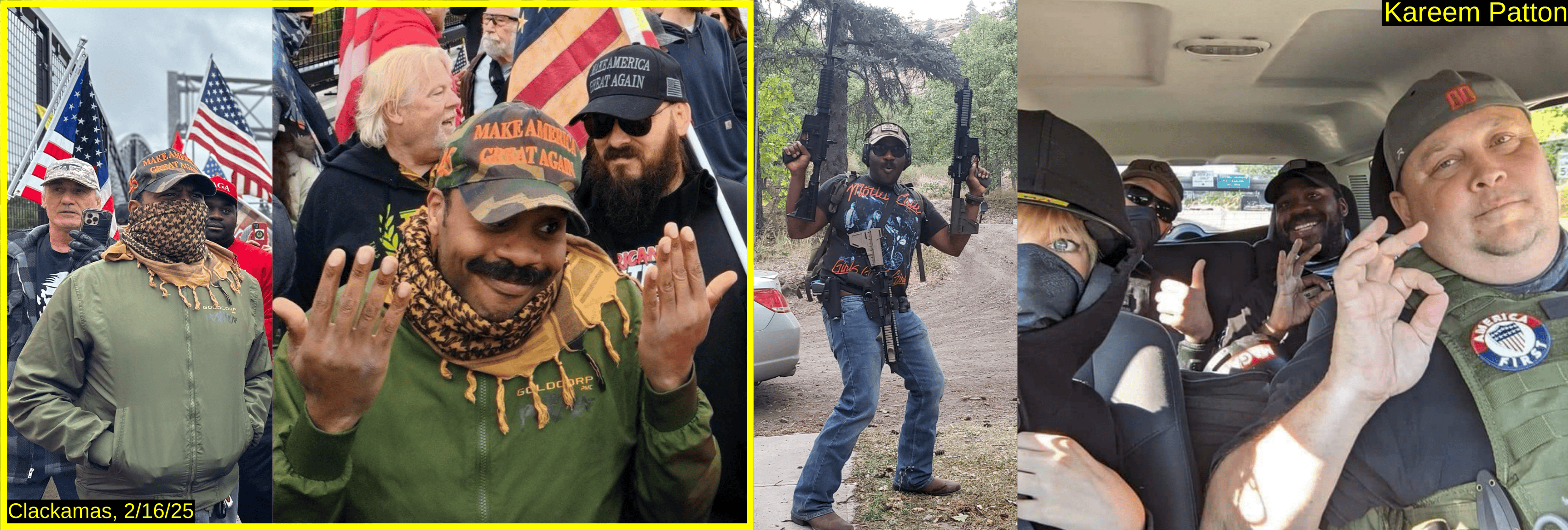 Four images of Kareem Patton. Two at the event, wearing a Trump hat. Patton with four guns. Patton in a car with David Willis, Haley Adams, and Mack Lewis. He and Willis are making a white supremacist hand sign.