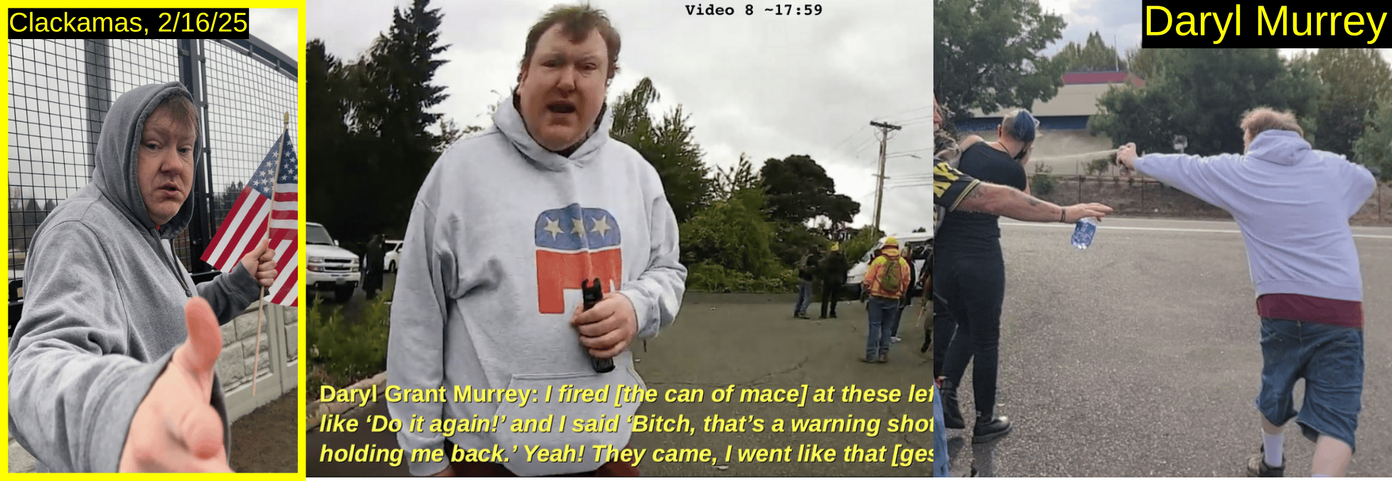 Three photos of Daryl Murrey. One from the event shows Murrey making a shooting gesture at a journalist. Two from the violent rally on August 22nd, 2021 show Murrey in a GOP elephant sweatshirt, macing counterprotesters.