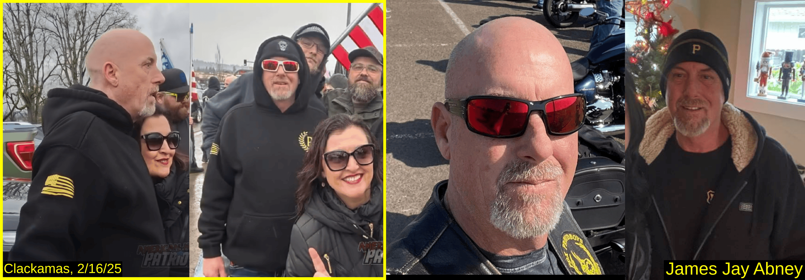 Four photos of Jay Abney. Two from the event show Abney in a Proud Boys sweatshirt with Julie Turcol, Jeremy Roberts and Skylor Jernigan. Two Facebook photos, one showing Abney with a Proud Boys patch on his vest.