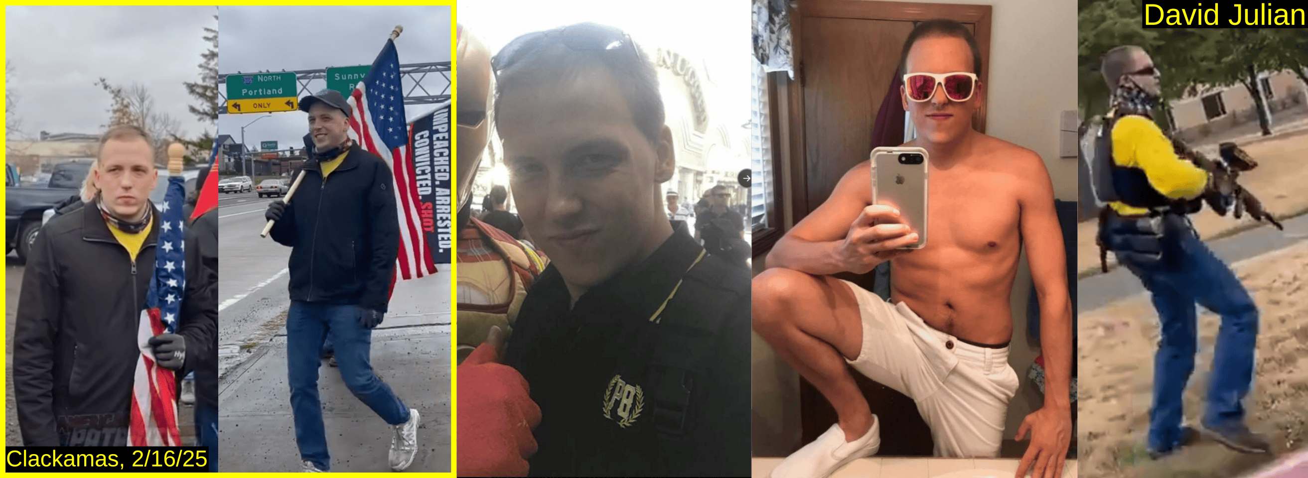 Five photos of David Julian. Two of Julian at the event in Proud Boy colors, carrying an American flag. One of him wearing a Proud Boy polo shirt. Julian wearing Proud Boy colors and a tactical vest, wielding a paintball rifle.