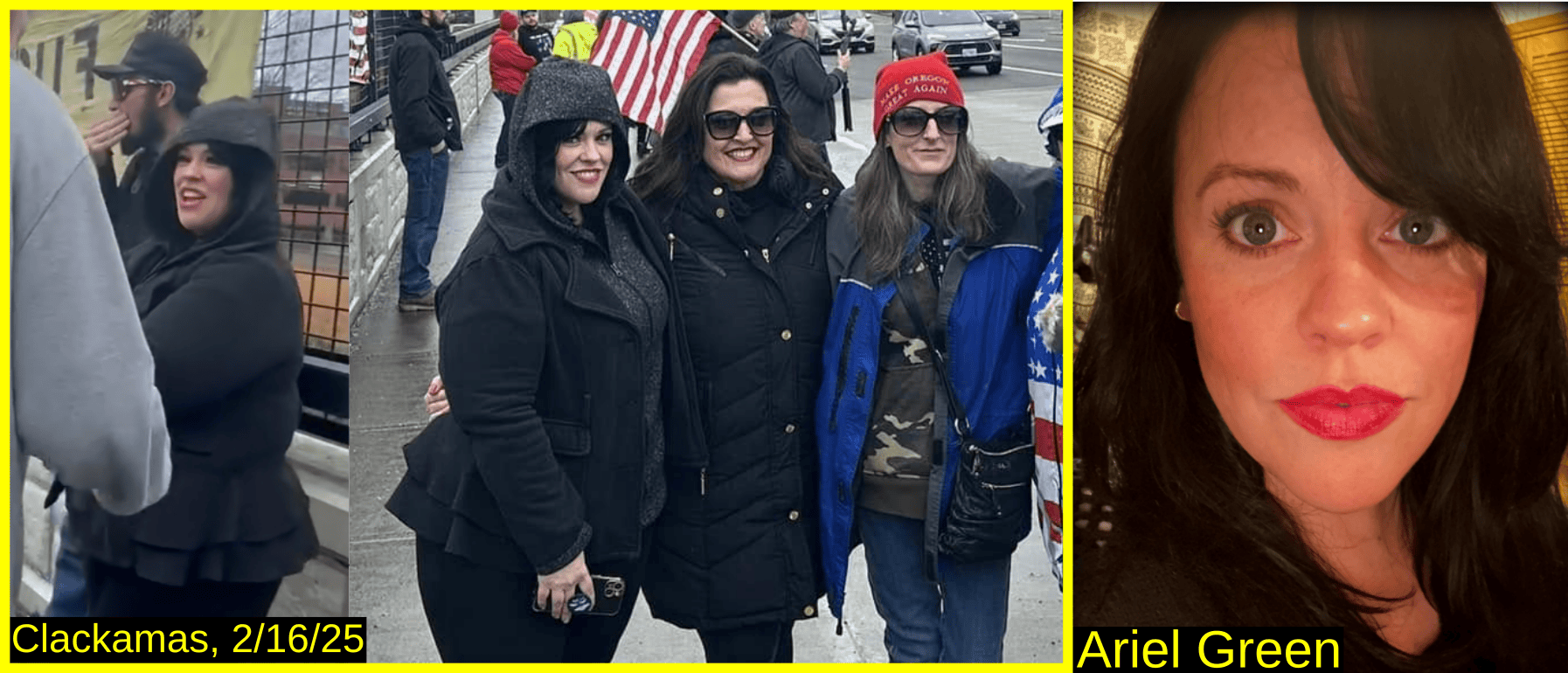 Three images of Ariel Green. Two from the event show Green with Skylor Jernigan in front of a Proud Boy banner, and posing with Julie Turcol and Shauna Nichols.