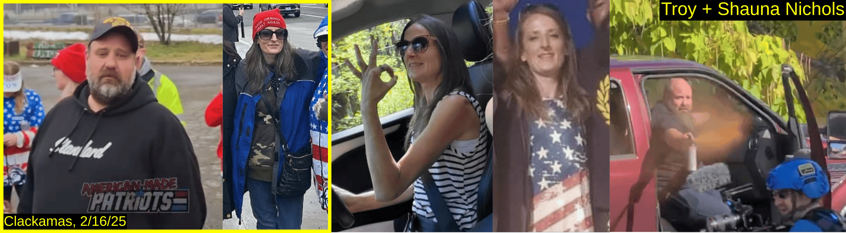 Five photos of Troy and Shauna Nichols. Photos from the event show Shauna in a Trump beanie. A photo of Shauna making a white supremacist hand sign. Troy spraying bear mace out of a vehicle.