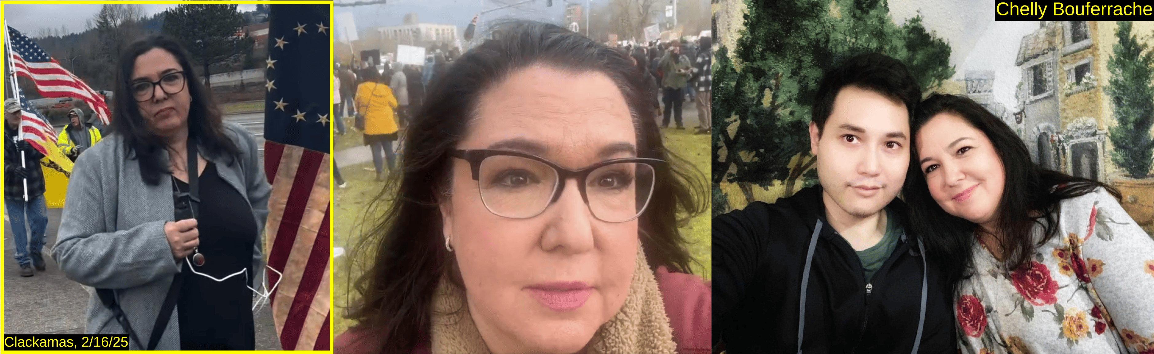 Three photos of Chelly Bouferrache. One from the event next to a Betsy Ross flag. One from February 5th, 2025. One with good friend and far-Right twitter personality Andy Ngo.