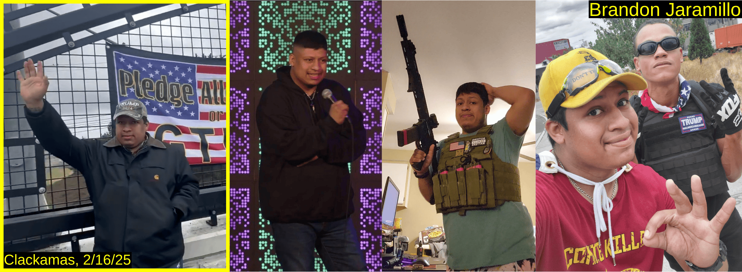 Four photos of Brandon Jaramillo. From the event in front of an American flag banner, Jaramillo in a tactical vest with a rifle, and making a white supremacist hand sign