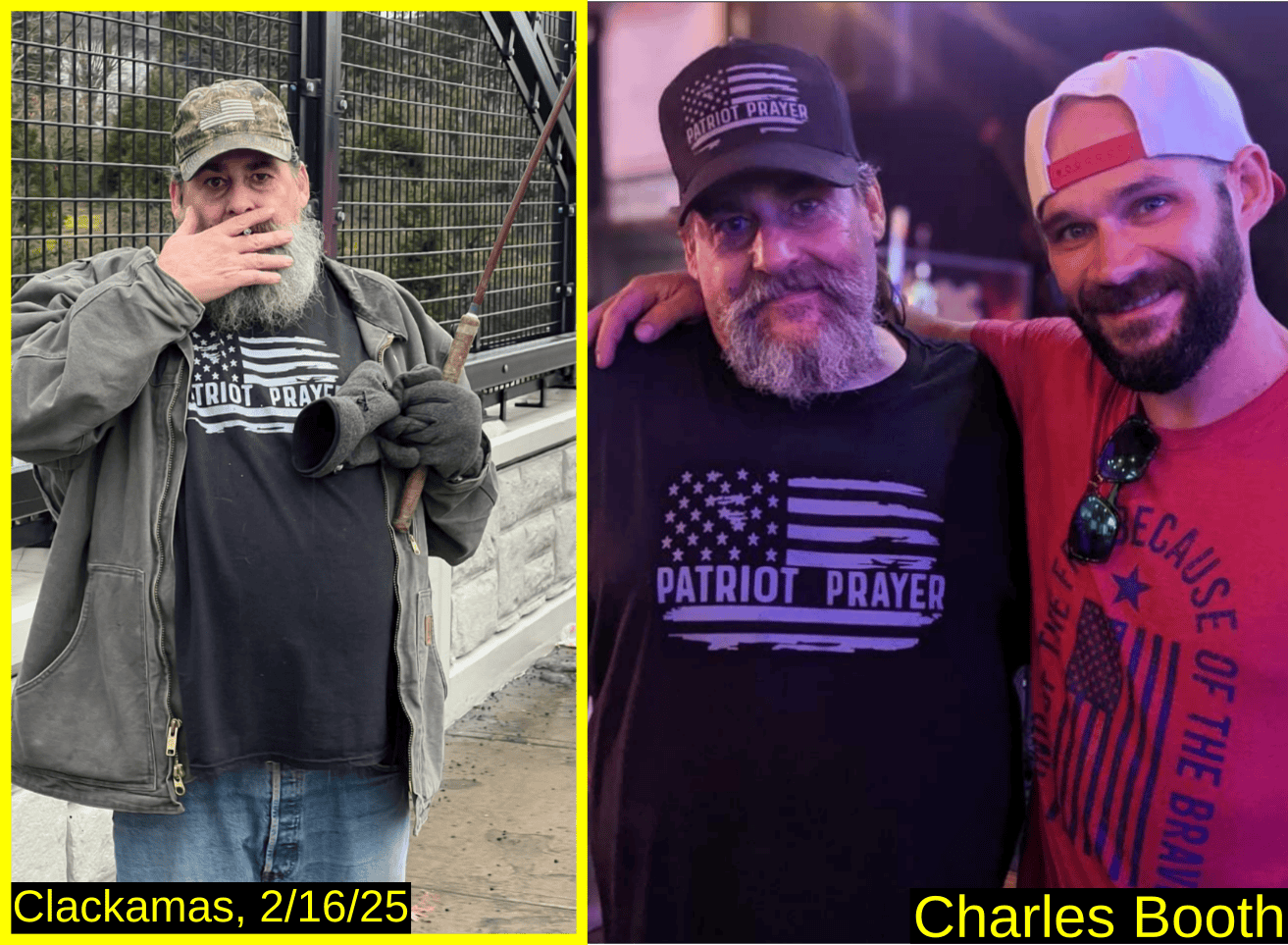 Two photos of Charles Booth, one from the event. In both he wears a Patriot Prayer tshirt.