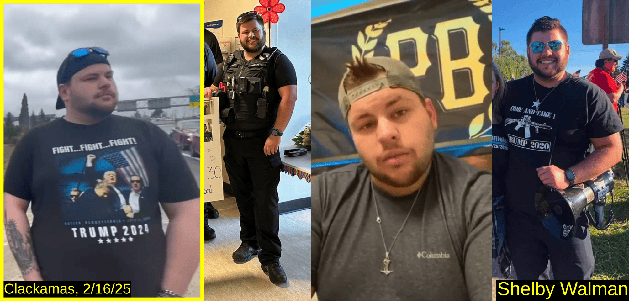 Four photos of Shelby Walman. At the event in a Trump 2024 tshirt, in a professional security uniform, a photo in front of a Proud Boys banner, at an event in a Trump 2020 shirt with a bullhorn.