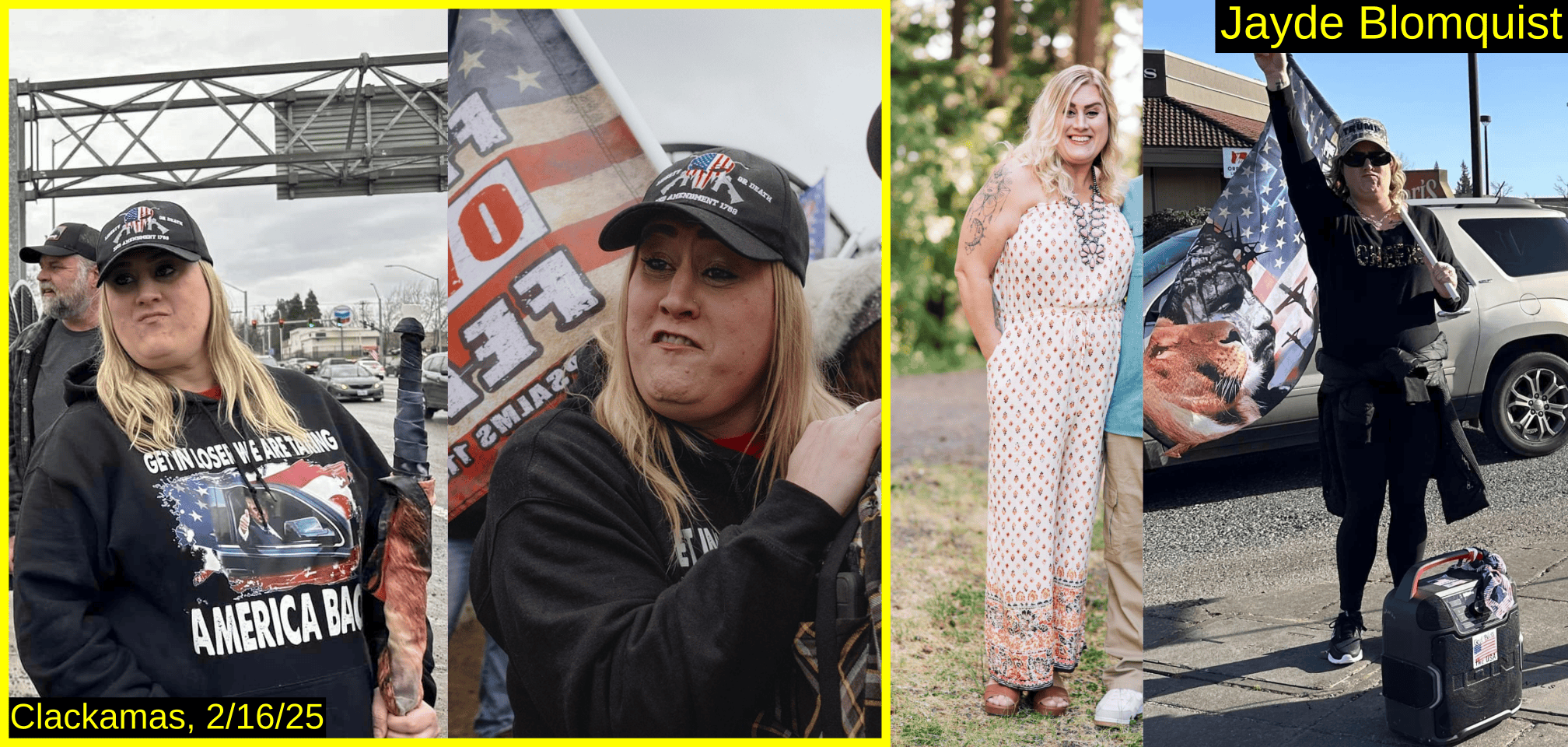 Four photos of Jayde Blomquist. Two photos at the event show Blomquist ina Trump tshirt and second amendment hat with a Punisher mask. Final photo shows Blomquist giving a Nazi salute with a Christonationalist flag.