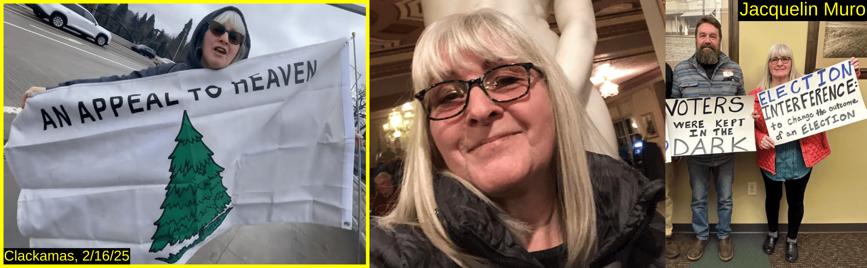 Three photos of Jacquelin Muro. At the event holding an Appeal to Heaven flag, another holding a protest sign about election interference in 2020