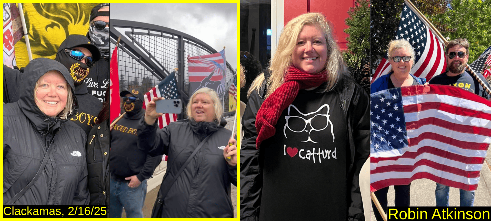 Four photos of Robin Atkinson. Two at the event show her standing next to a Proud Boy in a Fuck Antifa face gaiter and Proud Boys hoodie.