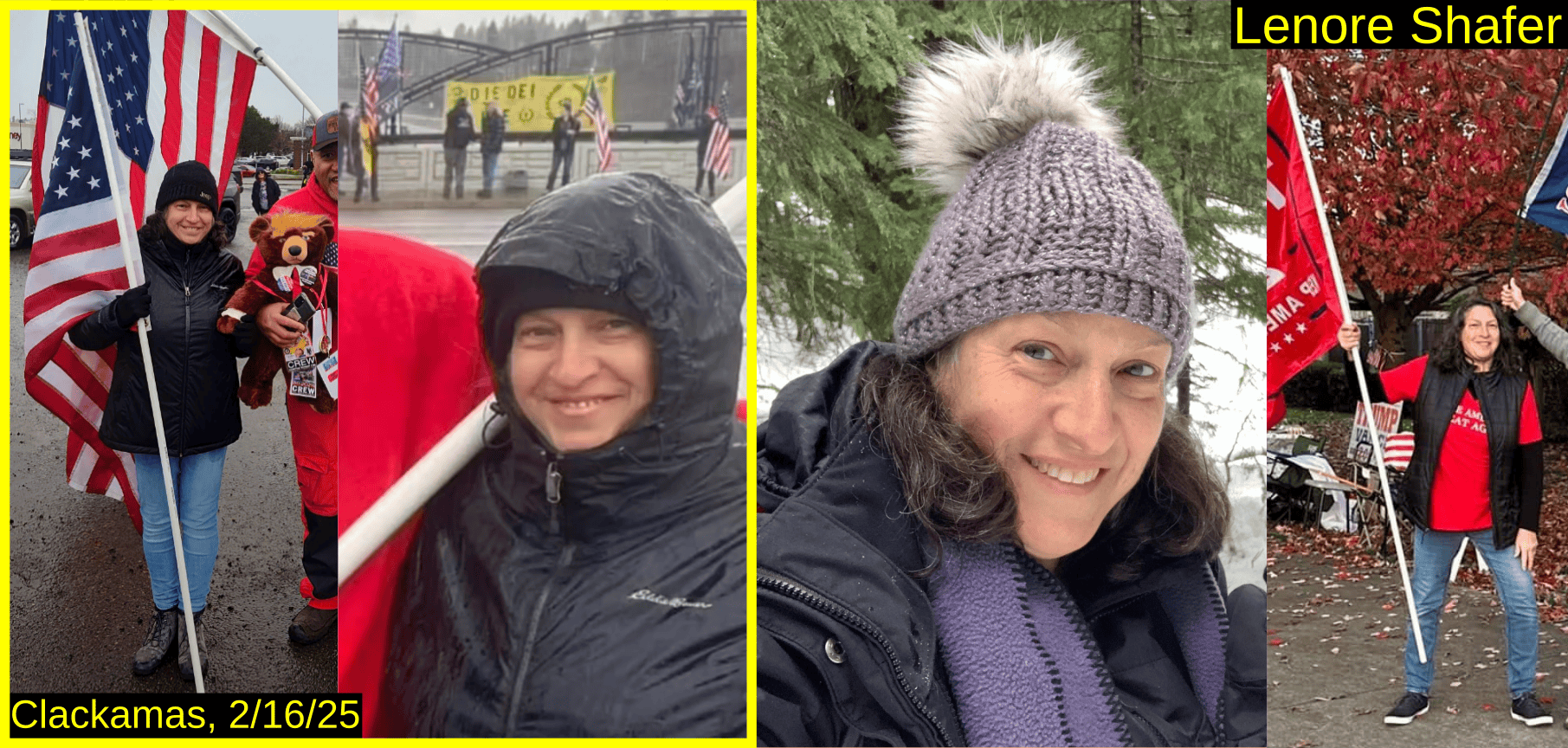 Four photos of Lenore Shafer. At the event she carries a US flag. In another photo she wears a Trump tshirt.