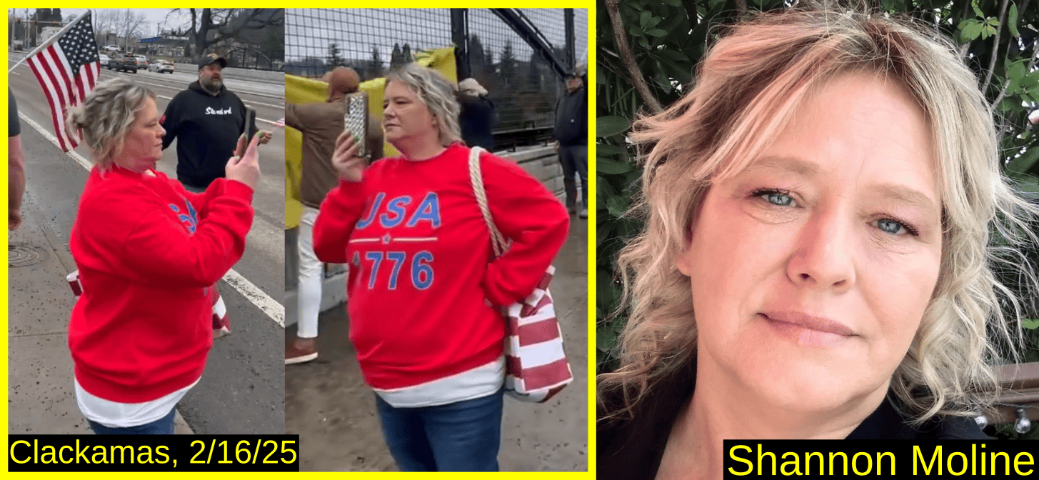 Three photos of Shannon Moline. Two at the event show her wearing a USA 1776 sweatshirt.