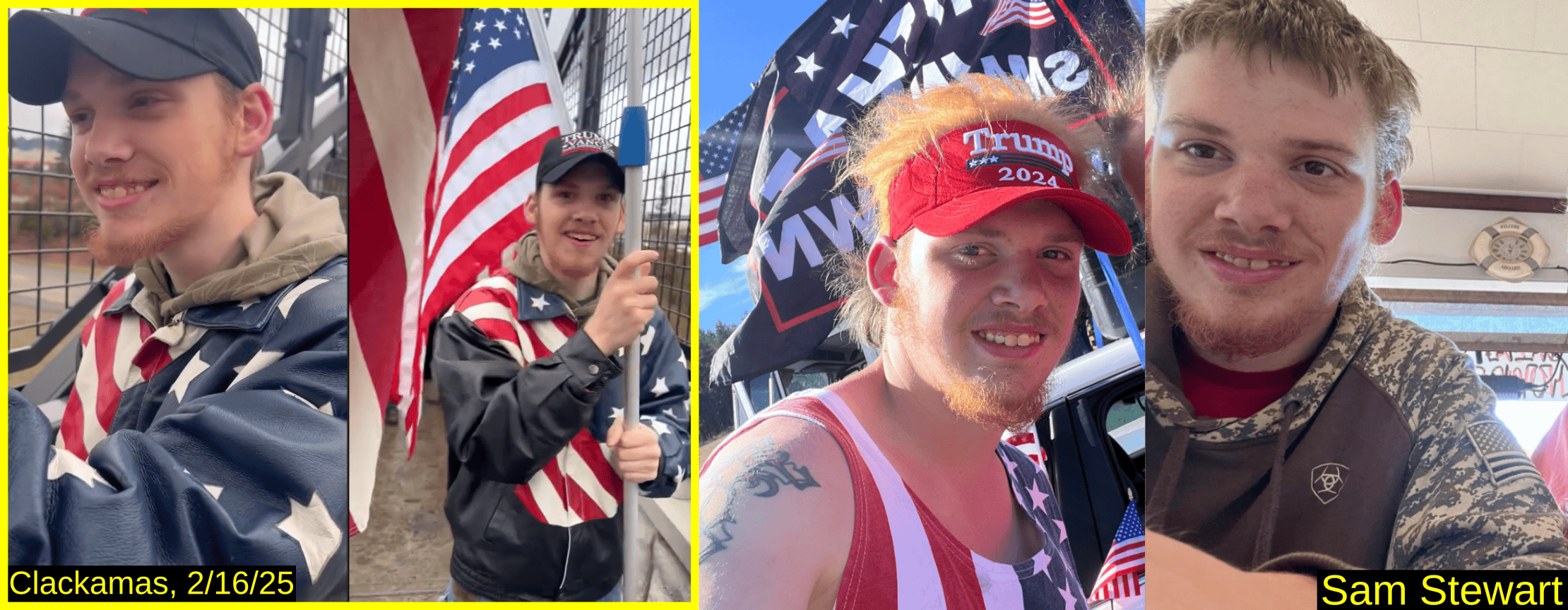 Four photos of Sam Stewart. At the event he wears a Trump-Vance hat and US flag jacket. Another photo shows Stewart wearing a Trump 2024 hat and reveals a tattoo on his shoulder.