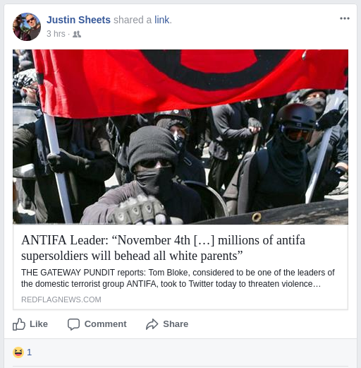 Justin Sheets a credulous right wing conspiracist regurgitation of the 'antifa supersoldiers' joke