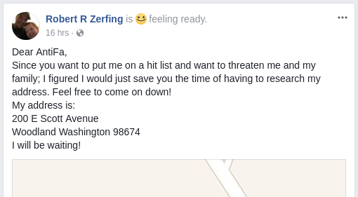 along with other Patriot Prayer members, Robert Zerfing pretended that a do-not-serve list was some sort of 'hit-list' and challeged 'antifa' to come to his house.