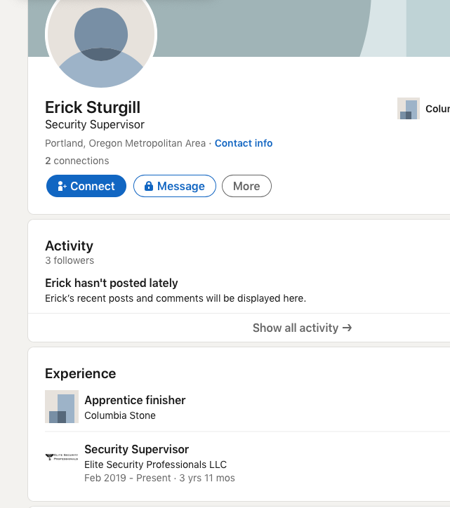 LinkedIn page for Erick Sturgill showing current employment with Columbia Stone and previous employment with Elite Security Professionals