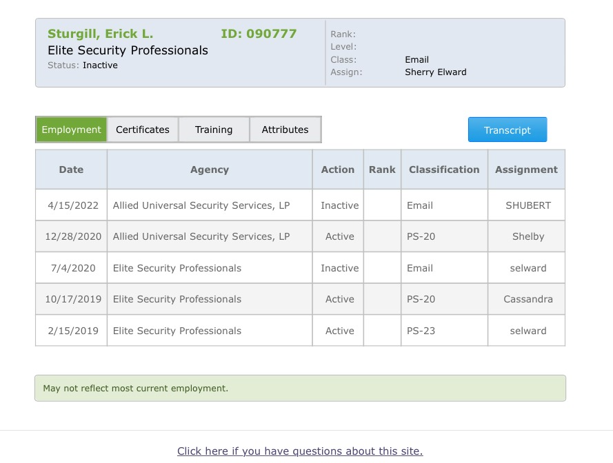 DPSST records showing Erick's work history with Elite Security Professionals from 2019-2020 and then Allied Universal Security Services from 2020-2022