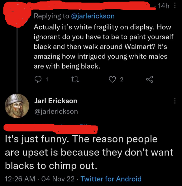 Screenshot of a racist tweet by Erick