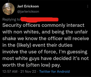 Screenshot of a tweet by Erick complaining how difficult it is for white men to be security guards