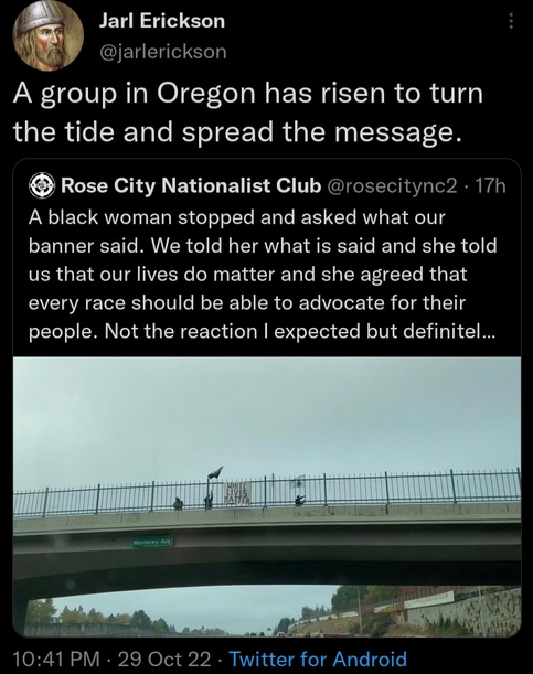 Screenshot of a tweet by Erick promoting RCN's banner drop and flag wave where they held a 'White Lives Matter' banner