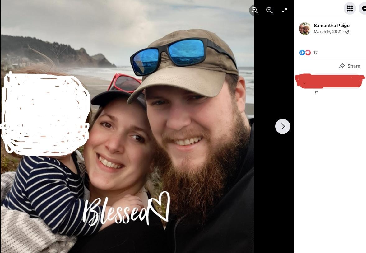 Facebook picture of Samantha and Erick Sturgill at the beach; Samantha is holding a baby who's face was redacted from the image