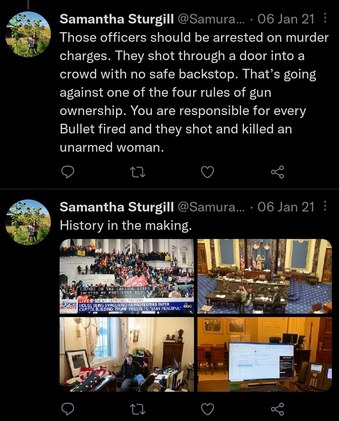 Tweet from Samantha supporting the January 6th rioters at the capitol
